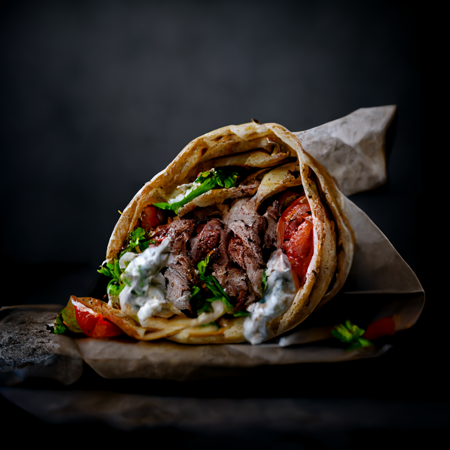 A Greek street food consisting of meat cooked on a vertical rotisserie, served in a pita with vegetables and tzatziki sauce