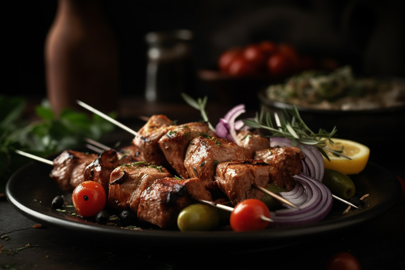 Grilled skewers of marinated meat and vegetables, a traditional Greek and Mediterranean dish